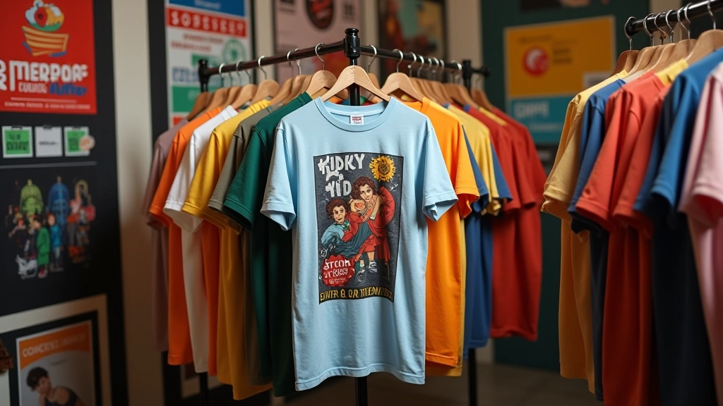 Renkli grafik baskılı tişörtler koleksiyonu, tasarım stüdyosu ortamında sergileme, müzik festivali posteri arka plan