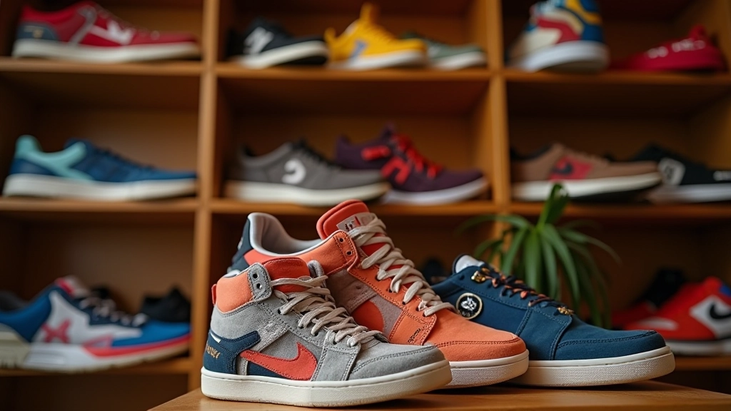 Renkli sneaker koleksiyonu raf üzerinde dizilmiş, sokak modası tarzında fotoğraflanmış