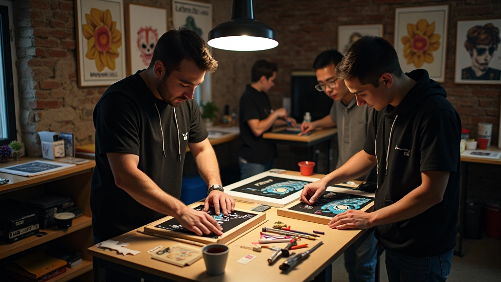 Yerel Türk sokak moda markasının atölyesi, grafik tasarım araçları ve kumaş örnekleri, işçiler baskı işlemi sırasında, İstanbul atölyesi ortamı