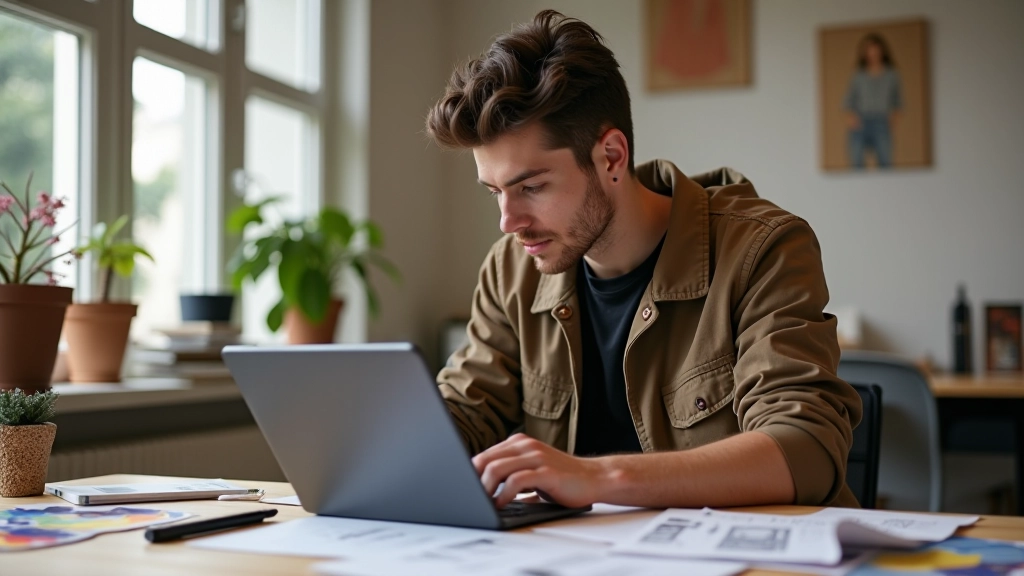 Tasarımcı koltuğunda çalışan genç kadın, grafik tablet ve baskı örnekleri masasında, tasarım stüdyosu ışıklandırması