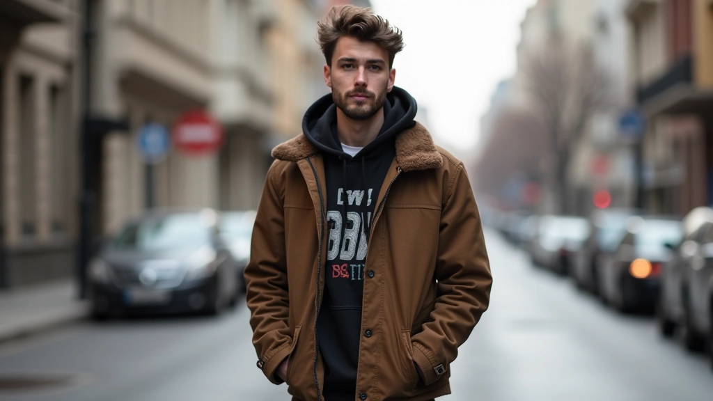 Ankara'da genç erkek katmanlı kış kombinasyonu giymiş, vintage ceket ve hoodie, geçiş mevsimi stili